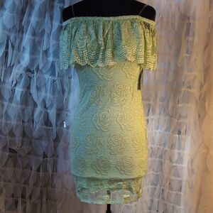 Mesmer Off-Shoulder Lace Dress in Mint Green